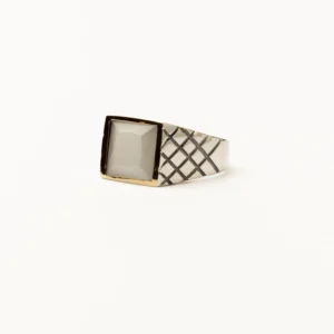 men's Square Stone ring in silver and gold.